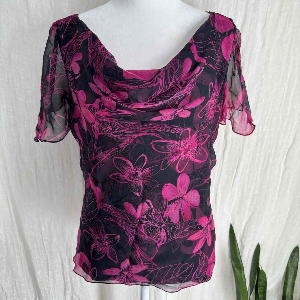 Vtg Y2K Silk Floral Top Size M Whimsigoth Fairy Indie Cowl Neck Pink Black